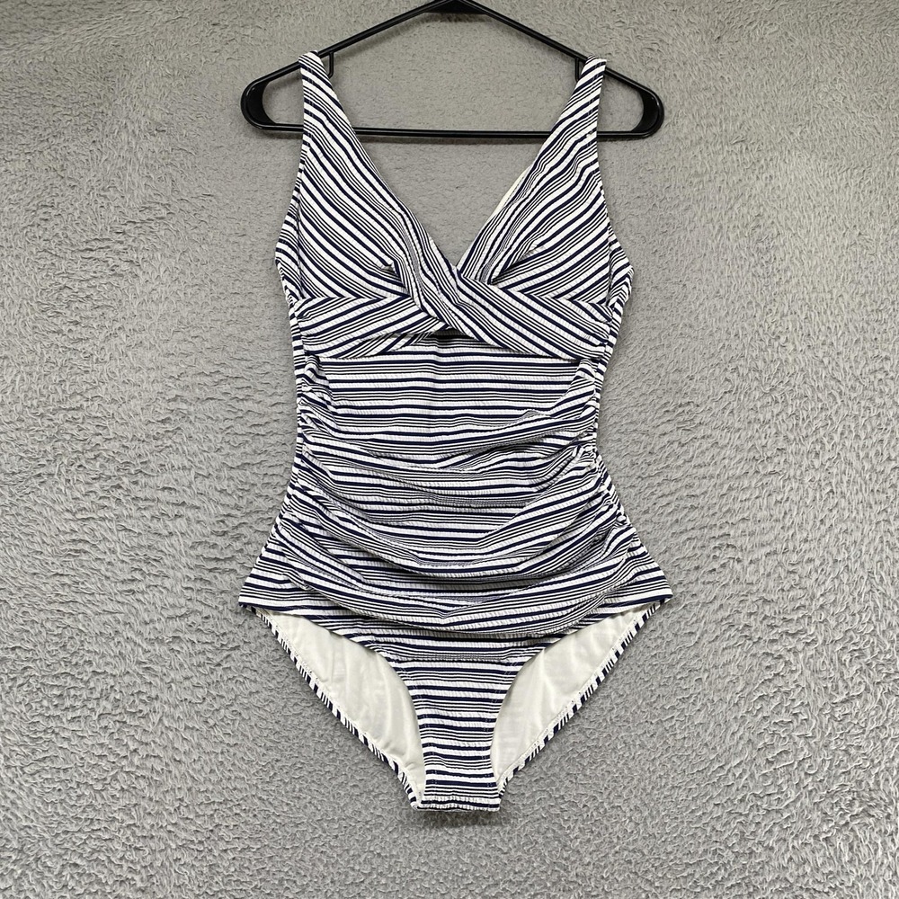 Nip Tuck Swim Swimsuit Womens 8 Blue Stripe One Piece Ruched Tank Slimming
